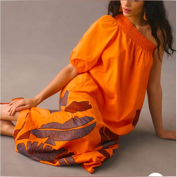 Anthropology One-Shoulder Embroidered Maxi Dress 2 pockets. 100% cotton Orange L - Picture 2 of 13